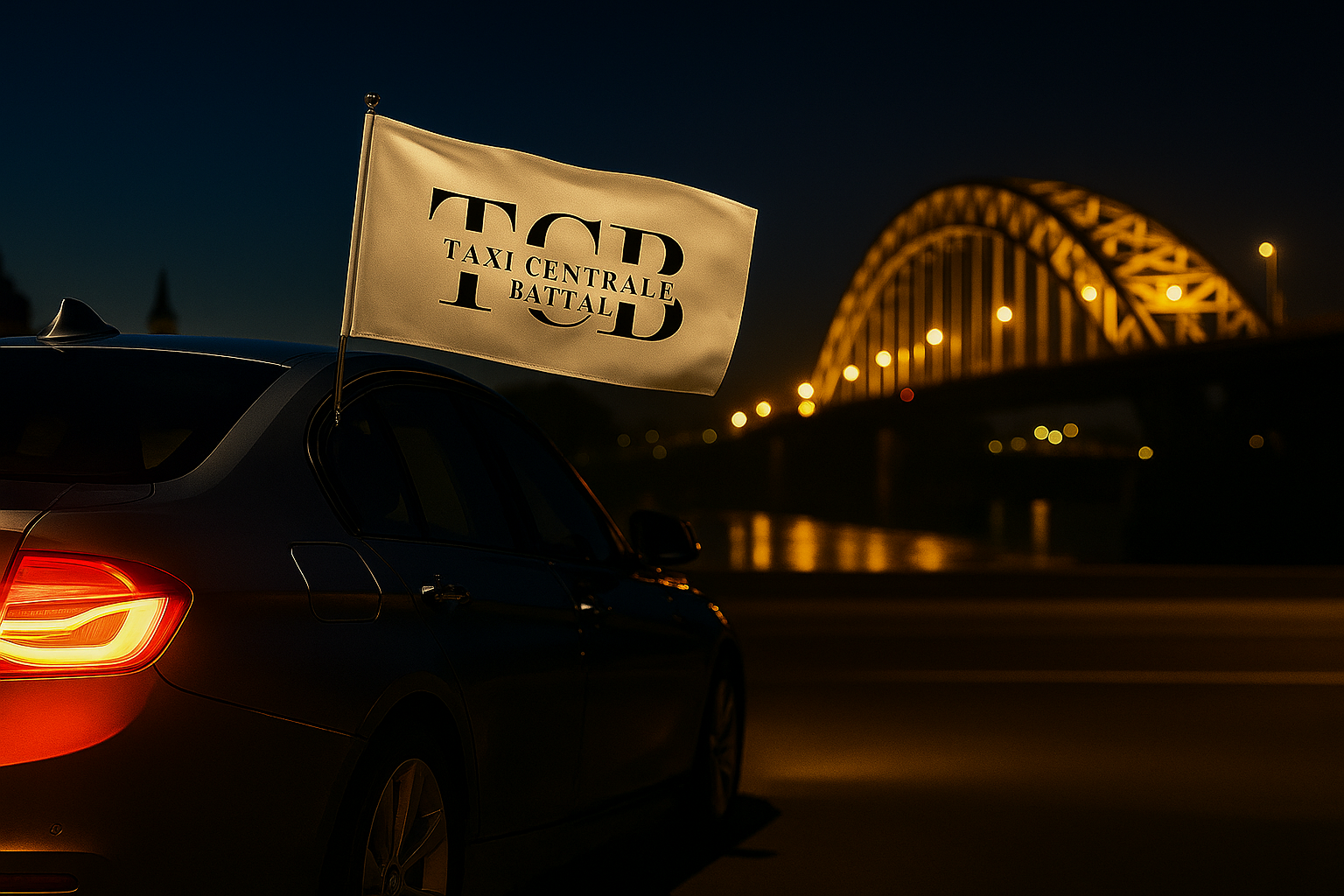 Zwarte taxi met TCB-vlag voor de Waalbrug in Nijmegen – Taxi Centrale Battal